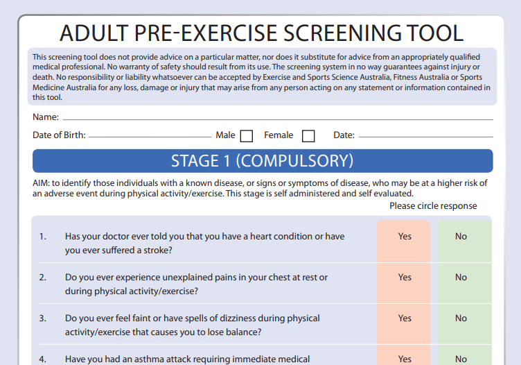 pre exercise questionaire pdf